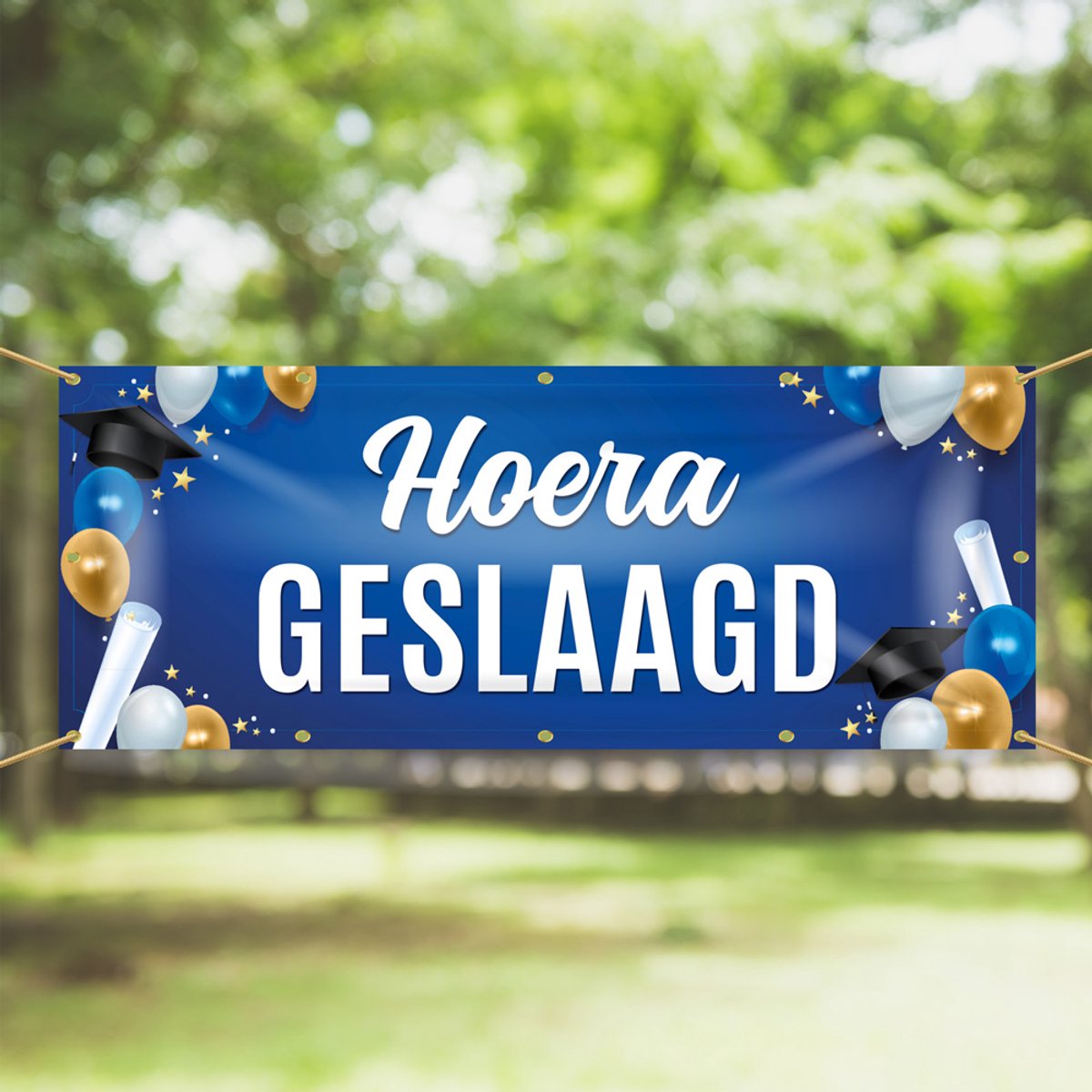 Spandoek Hoera Geslaagd! | 150 x 50 cm - Afstuderen - Sterren - Feestversiering | Eindexamen | Diploma